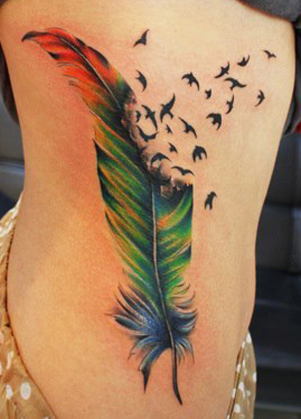 Rib Cage Colorful Feather And Birds Tattoo
