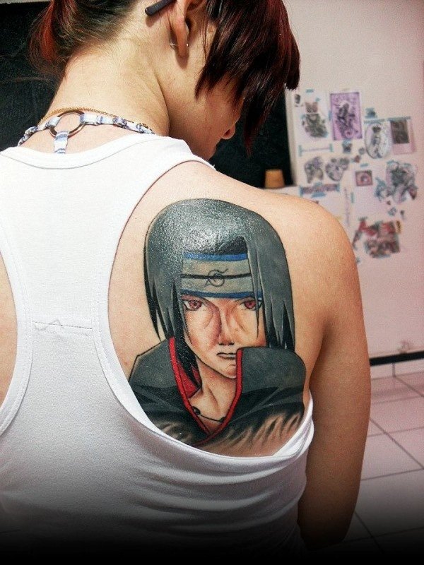Sasuke Anime Tattoo On Back Shoulder