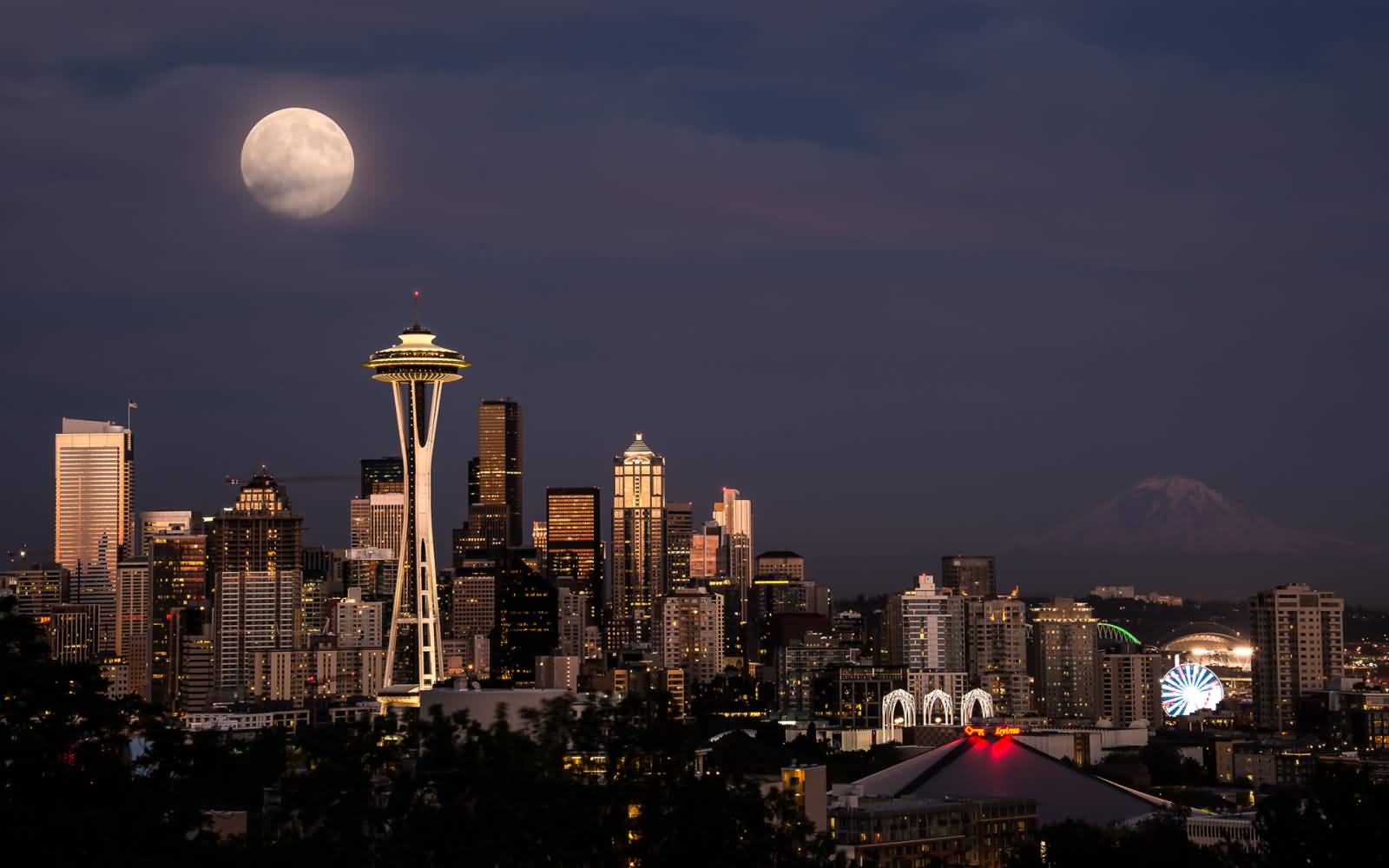Seattle Skyline Space Needle Tower With Full Moon