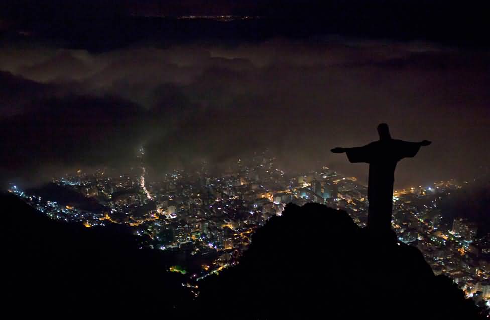 Silhouette View Of Christ the Redeemer Statue At Night