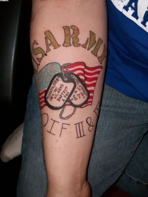 Simple US Army Flag Memorial Tattoo On Forearm
