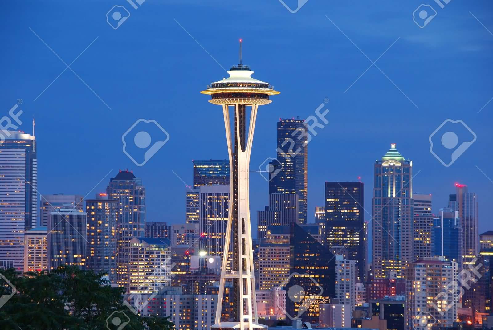 Space Needle And Seattle Skyline At Dusk