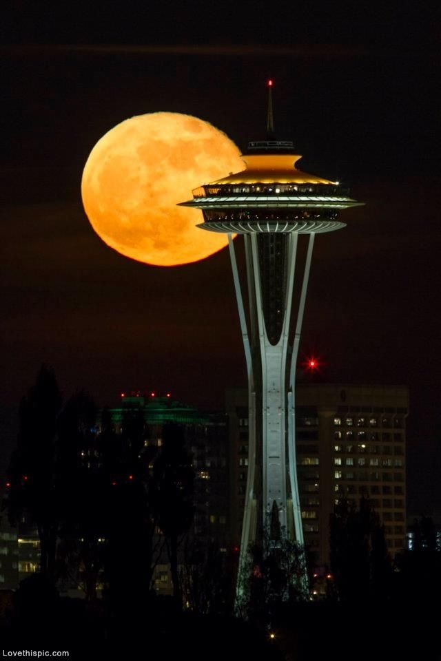 Space Needle Tower With Full Moon In Seattle In Washington