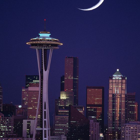 Space Needle Tower With Half Moon At Night
