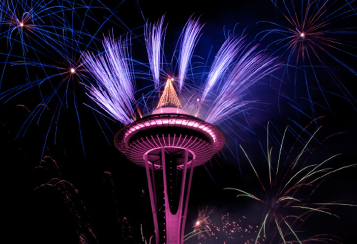 Space Needle With Fireworks At Night