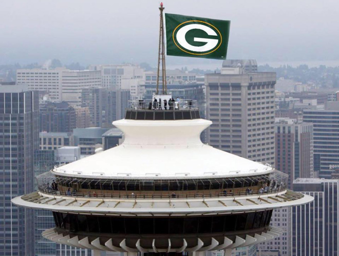 Space Needle With Packers Flag Closeup Picture