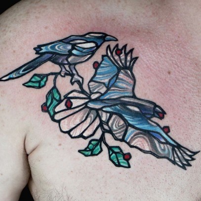 Stained Glass Birds Tattoo On Chest