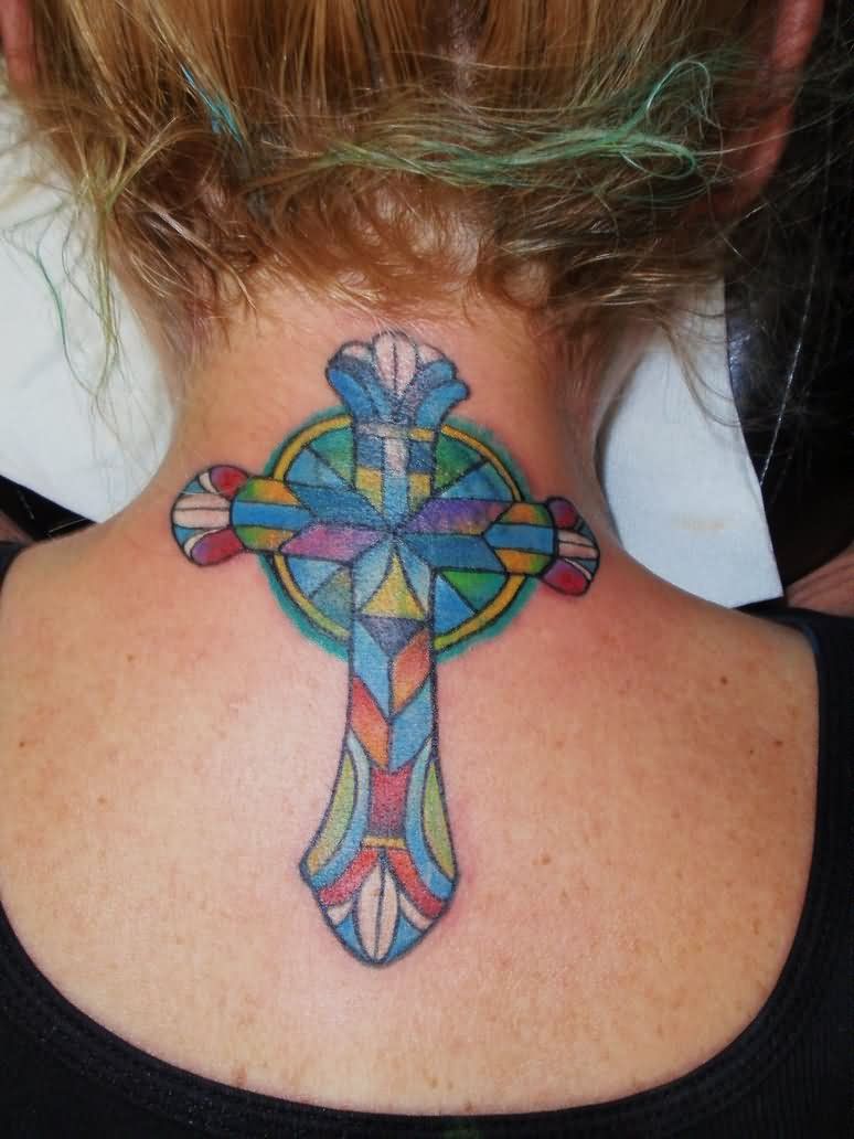 Stained Glass Cross Tattoo On Girl Upper Back
