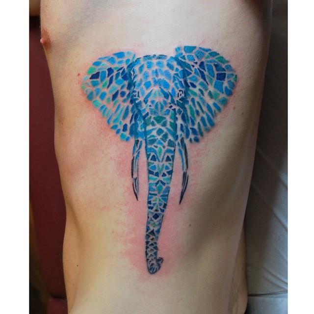 Stained Glass Elephant Tattoo On Side Rib