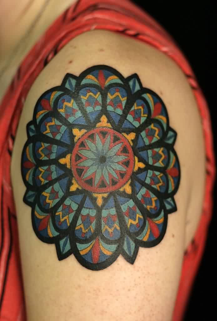 Stained Glass Mandala Tattoo On Shoulder