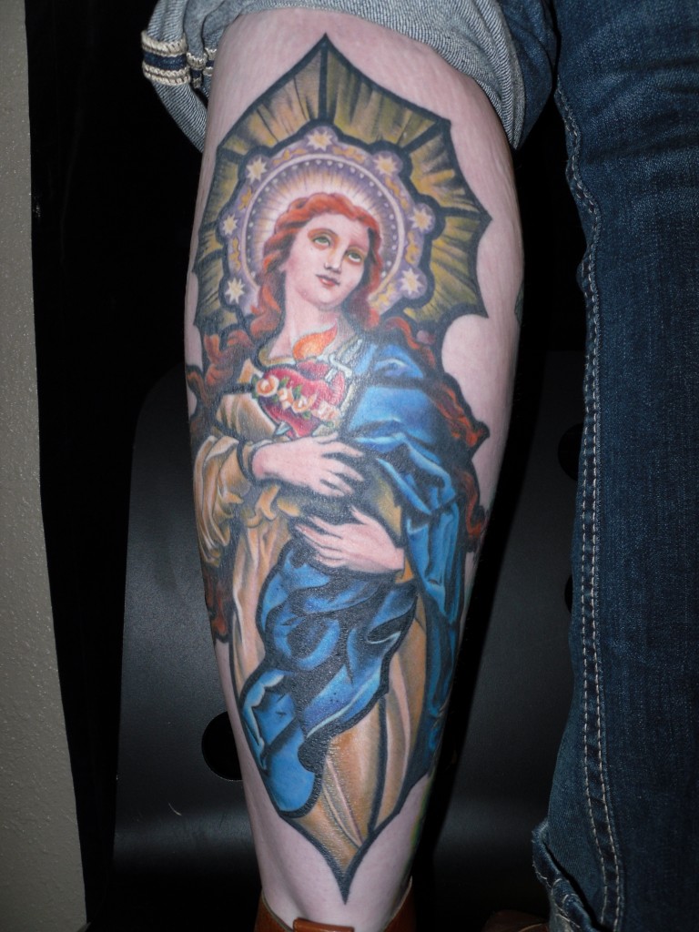 Stained Glass Mary Angel Tattoo On Leg