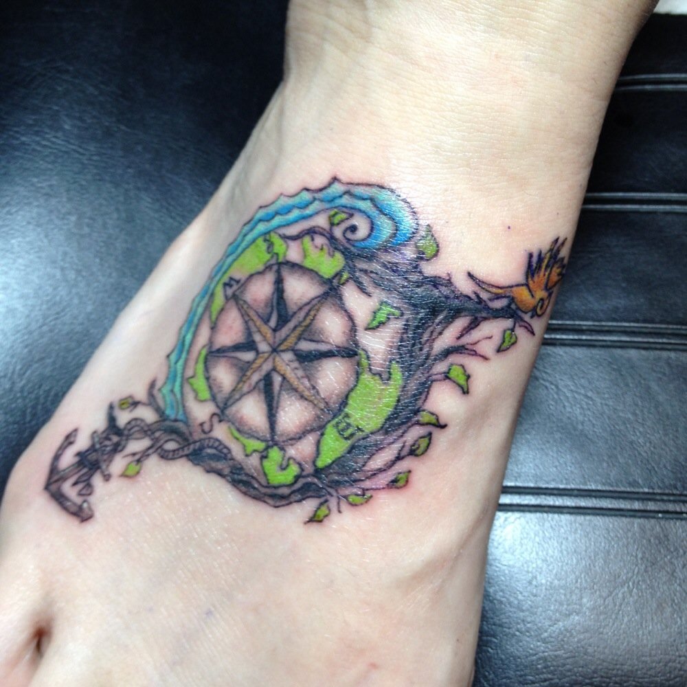 Stained Glass Navy Compass Tattoo On Foot By Randy At Fort