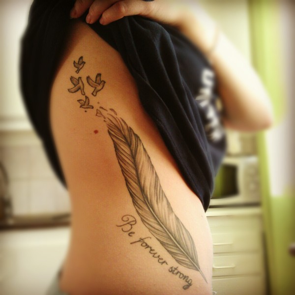 Strength Feather And Birds Tattoo On Rib Cage