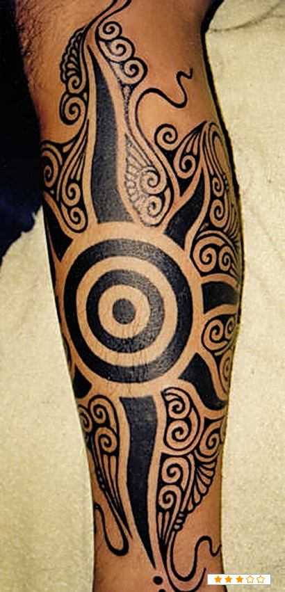 Sun Tribal Maori Tattoo On Leg
