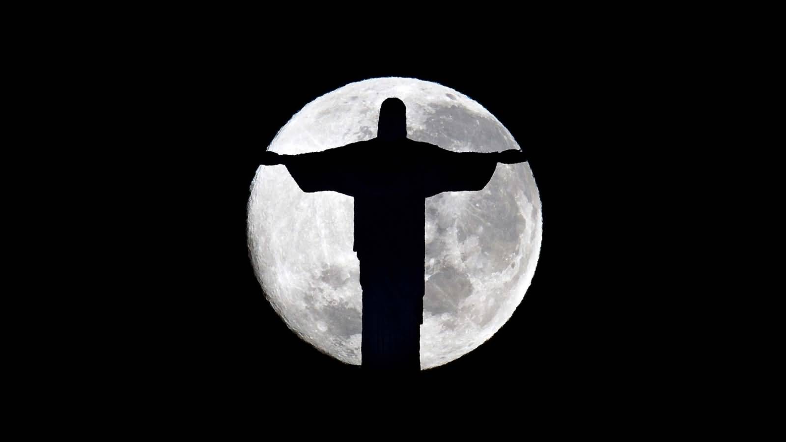 Super Moon Behind The Christ the Redeemer Statue During Night
