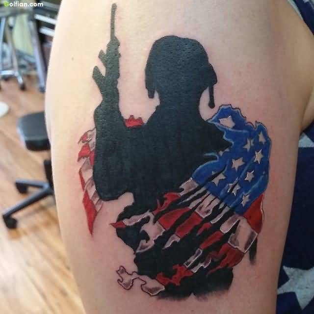 Superb Army Sniper And US Flag Tattoo On Shoulder