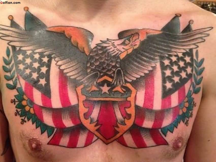 Superb US Army Logo With Flag Tattoo On Chest