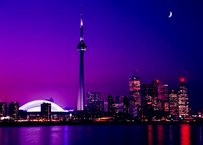 The CN Tower And Surrounding Buildings Lit Up At Night