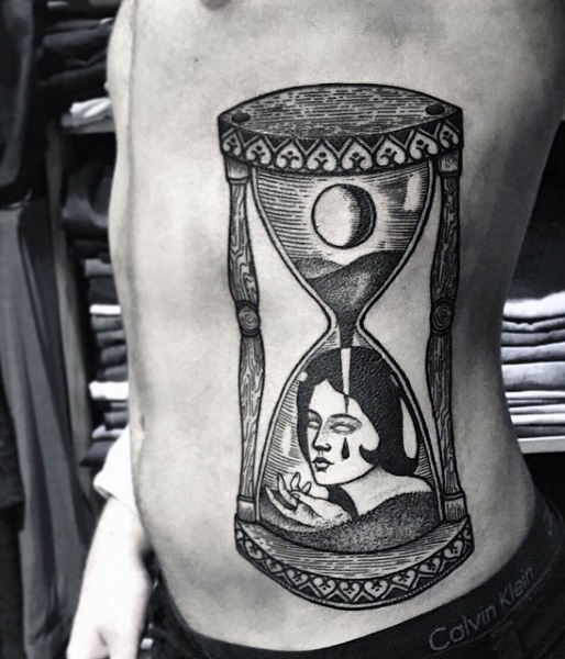 Time Hourglass Linework Tattoo On Side Rib