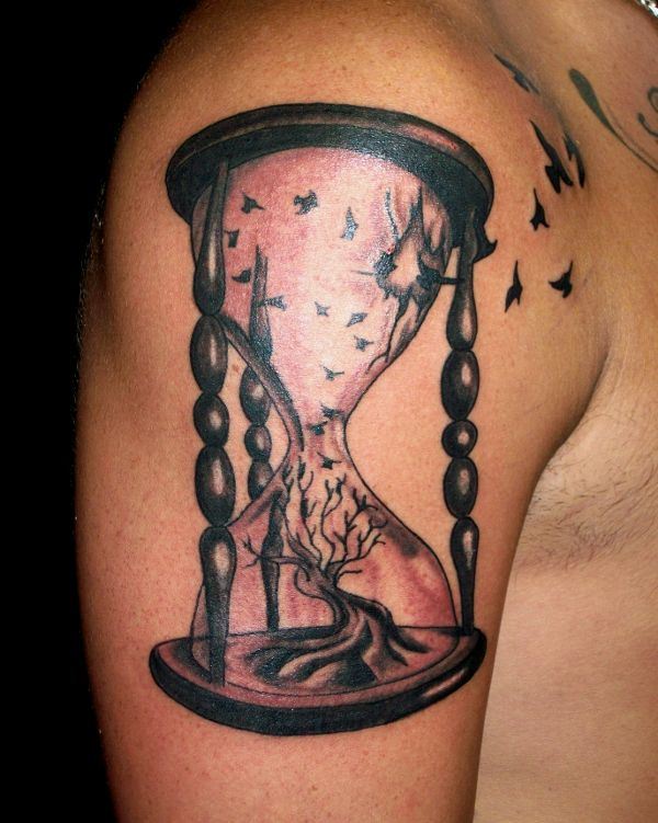 Time Is Flying Hourglass Tattoo On Right Half Sleeve