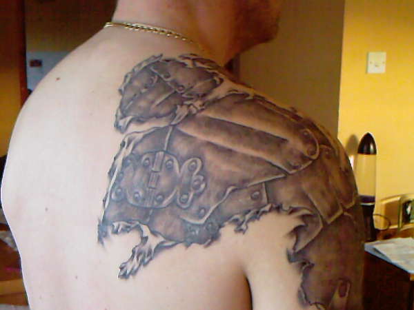 Torn Skin Medieval Armor Tattoo On Shoulder