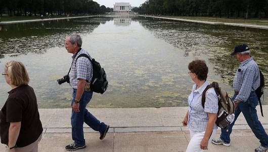 Tourists Walk Past The Reflecting Pool In Front Of Lincoln Memorial