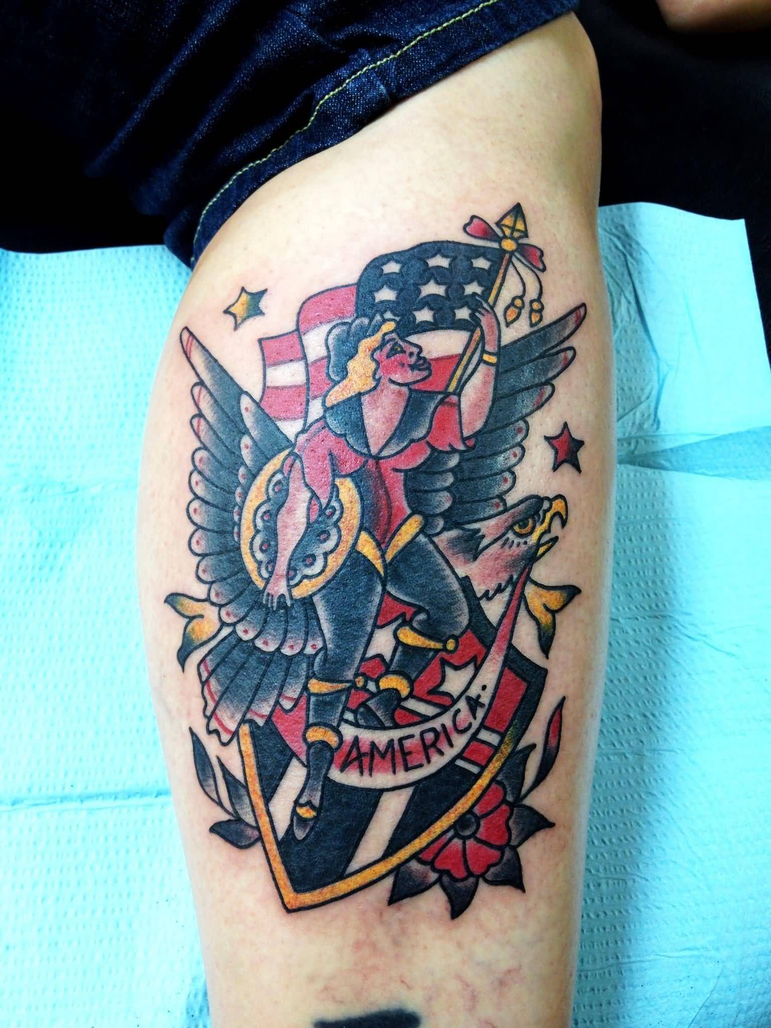 Traditional Patriotic Tattoo On Leg By Clifton Boggs