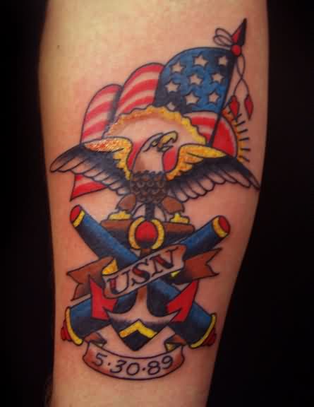Traditional Patriotic US Navy Memorial Tattoo On Forearm