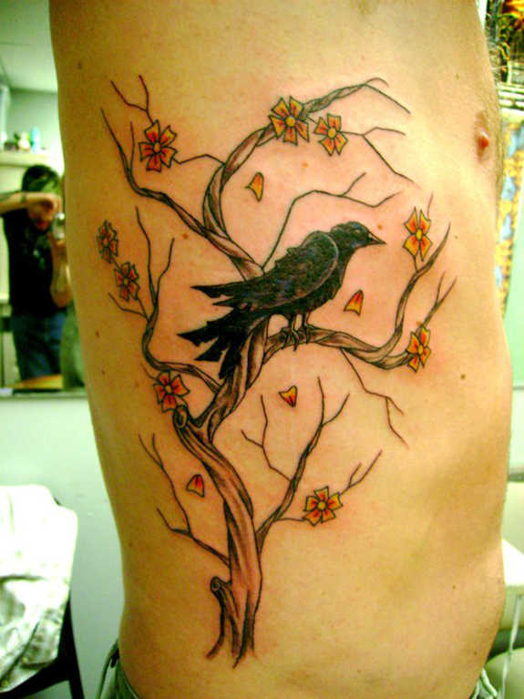 Tree Bird Rib Cage Tattoo For Men