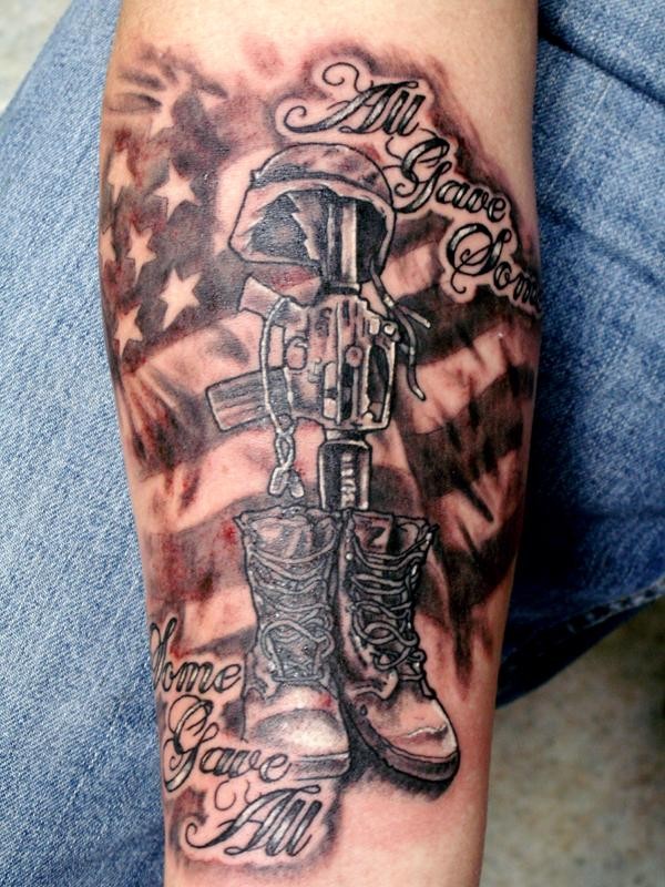 US Army Memorial With Flag Tattoo On Arm