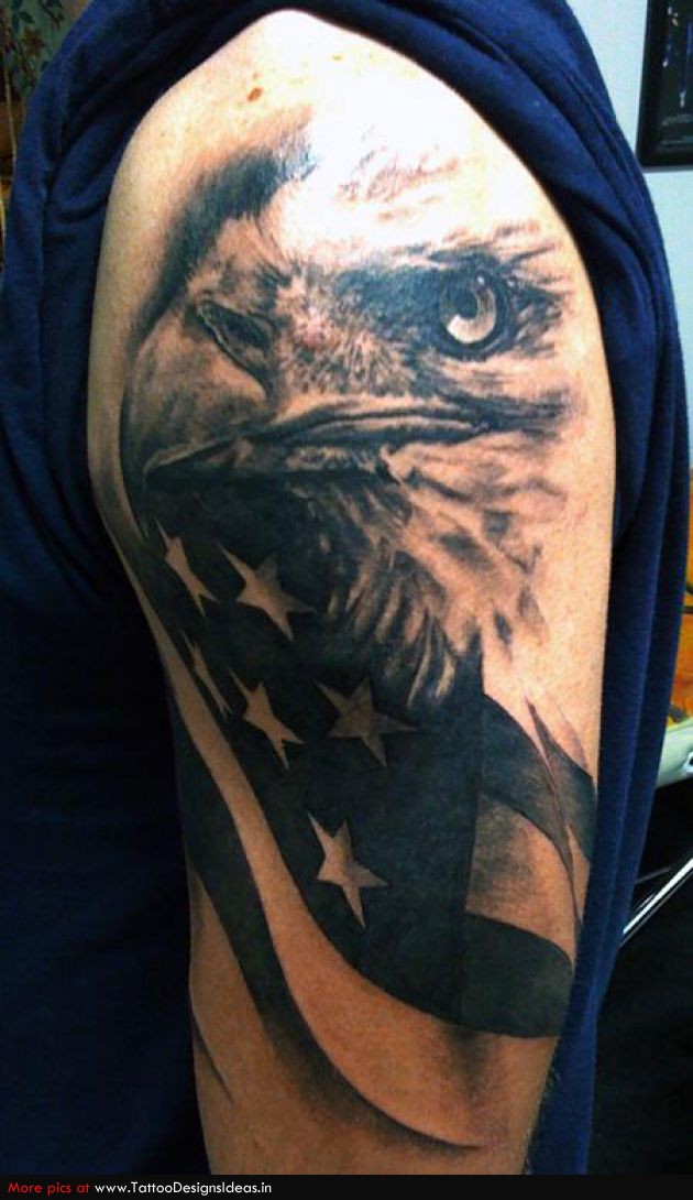 US Flag And Bald Eagle Patriotic Tattoo On Half Sleeve