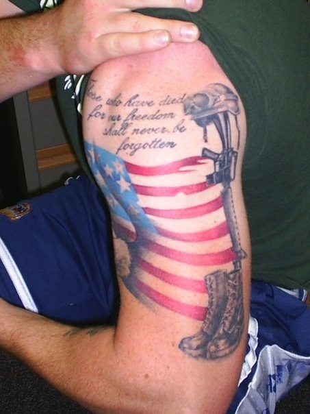 US Flag Memorial Army Tattoo On Half Sleeve
