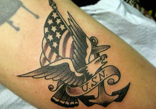 US Flag Navy Traditional Tattoo On Arm