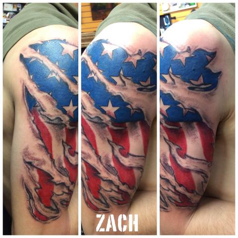US Flag Ripped Skin Patriotic Tattoo On Half Sleeve