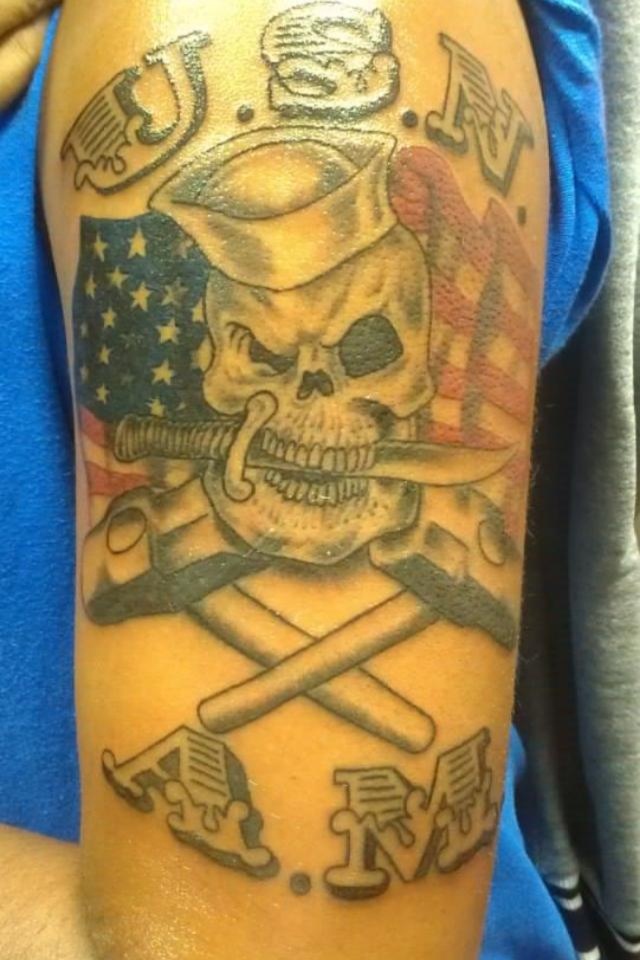 US Navy Flag Logo Tattoo On Half Sleeve