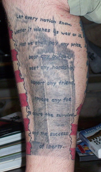 US Patriotic And 9 11 Tribute Quote Tattoo On Leg