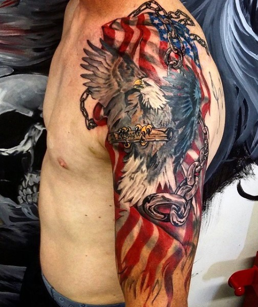 US Patriotic Chain Tattoo On Half Sleeve