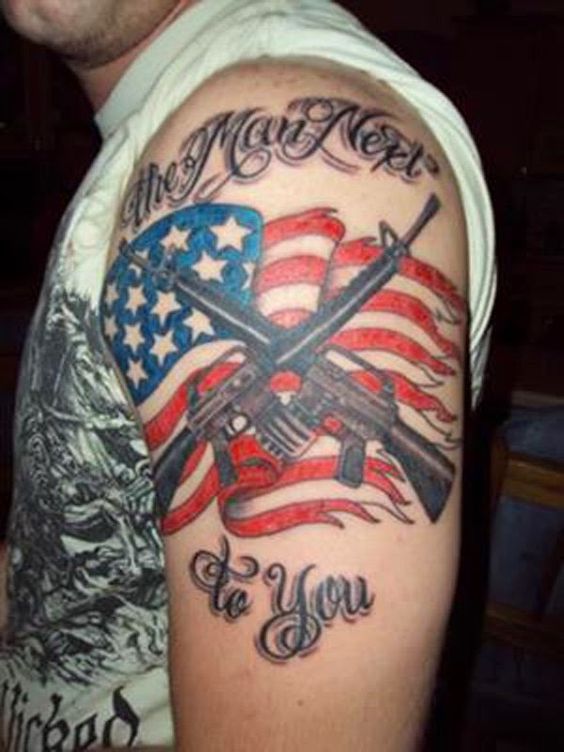 USA Flag With Rifles Patriotic Tattoo On Shoulder
