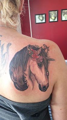 Unicorn Tattoo On Right Back Shoulder by Amanda Toner