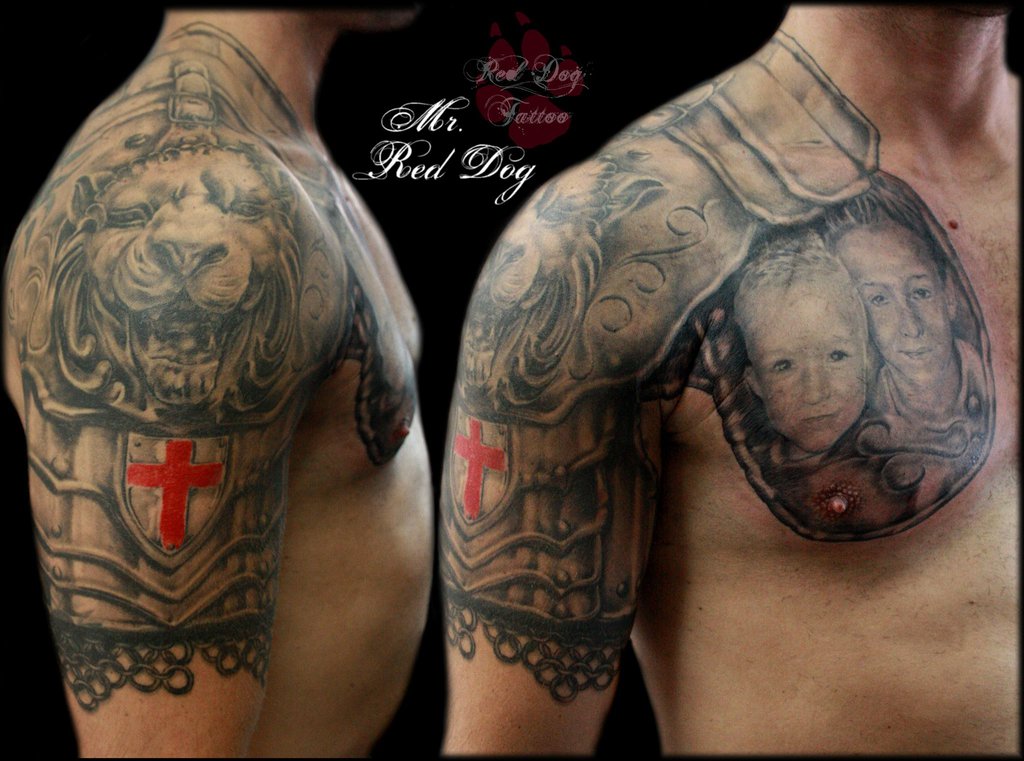 Unique Armor Tattoo On Chest To Shoulder