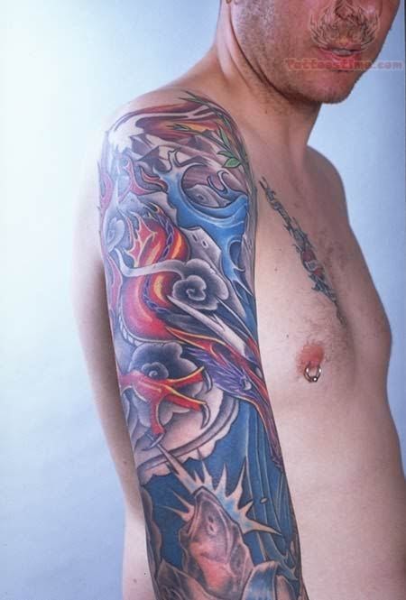 Unique Japanese Water Tattoo On Right Full Sleeve