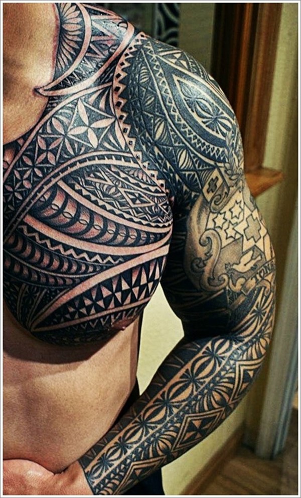 Unique Maori Tribal Tattoo On Chest To Sleeve