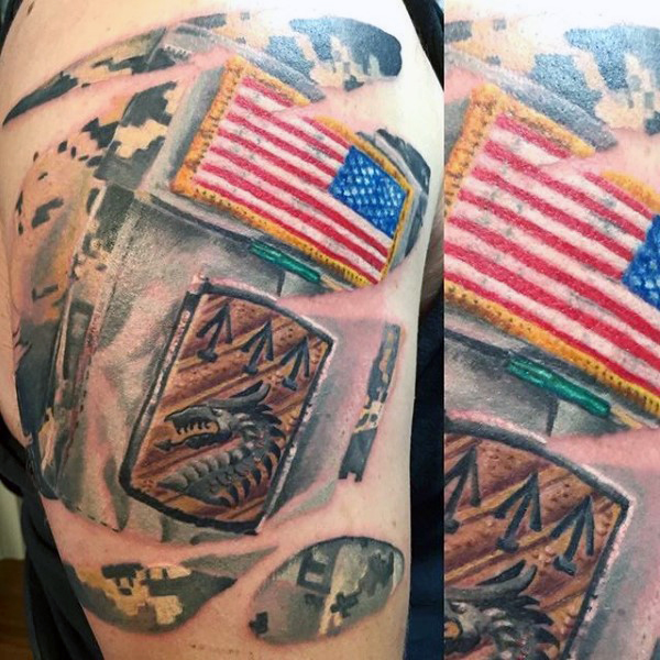 Unique US Army Flag Patch Tattoo On Half Sleeve