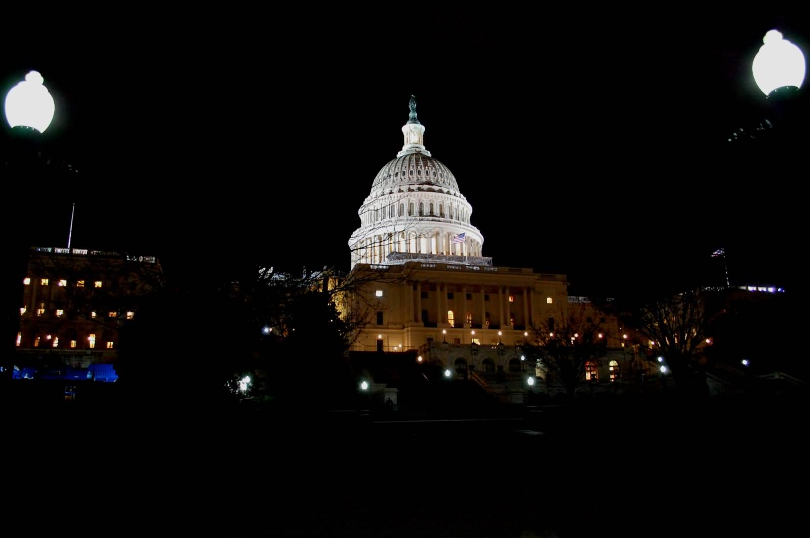 United States Capitol View From West Plaza At Night