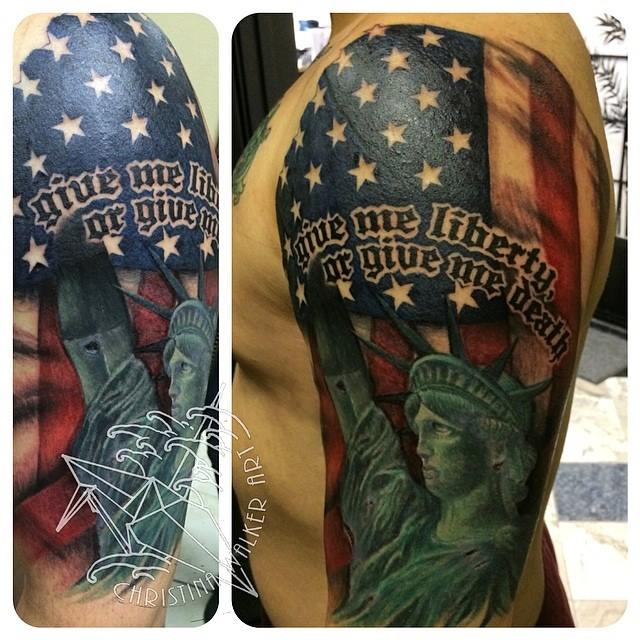 Us Independence Patriotic Quote Tattoo On Half Sleeve