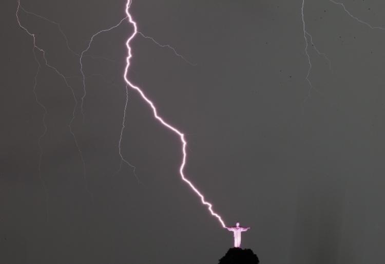 View Of Lightning That Strikes The Christ the Redeemer Statue In Rio de Janeiro, Brazil