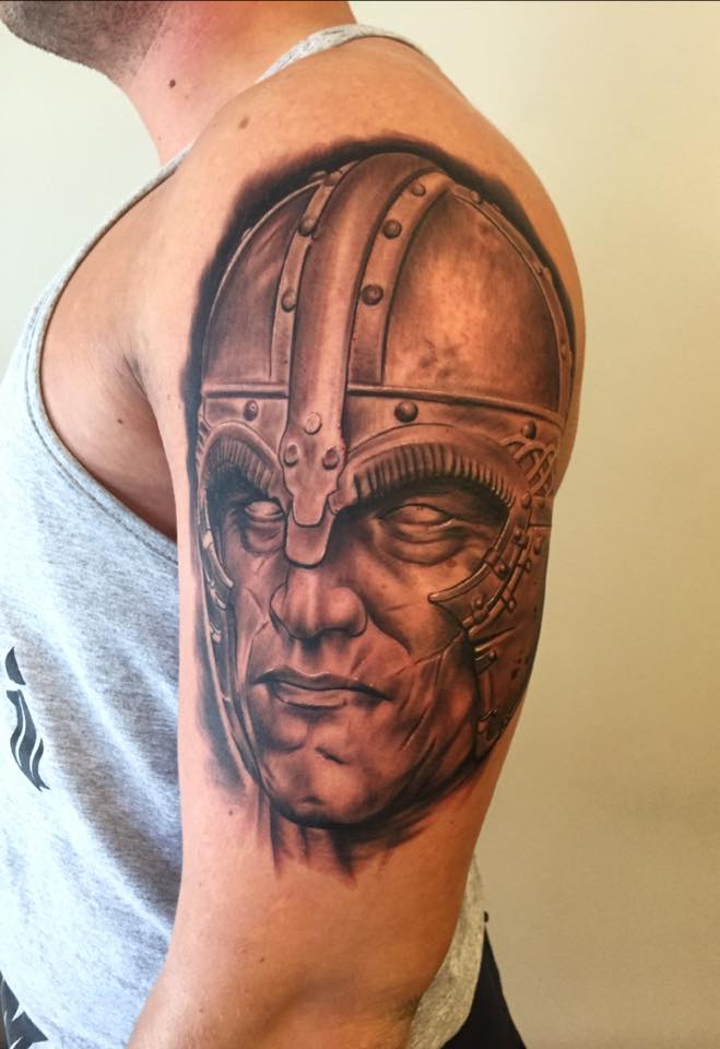 Warrior Head Tattoo On Left Shoulder For Men
