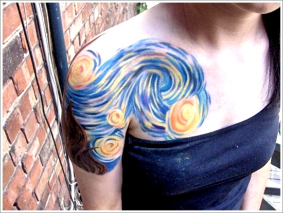Water Gogh Starry Night Tattoo On Girl Upper Shoulder