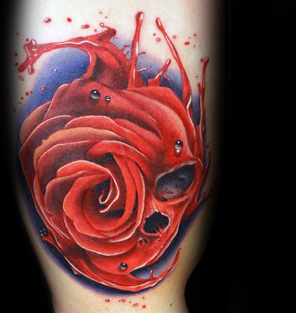 Water Splash Realistic Rose Skull Tattoo On Arm