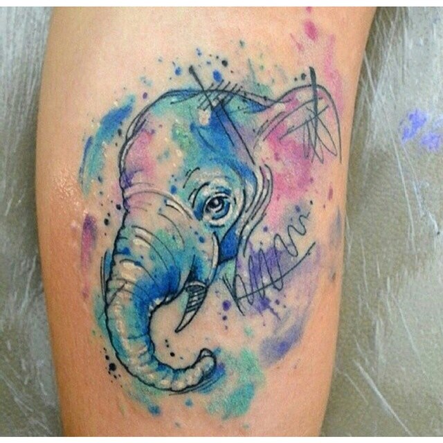 Watercolor Elephant Face Tattoo